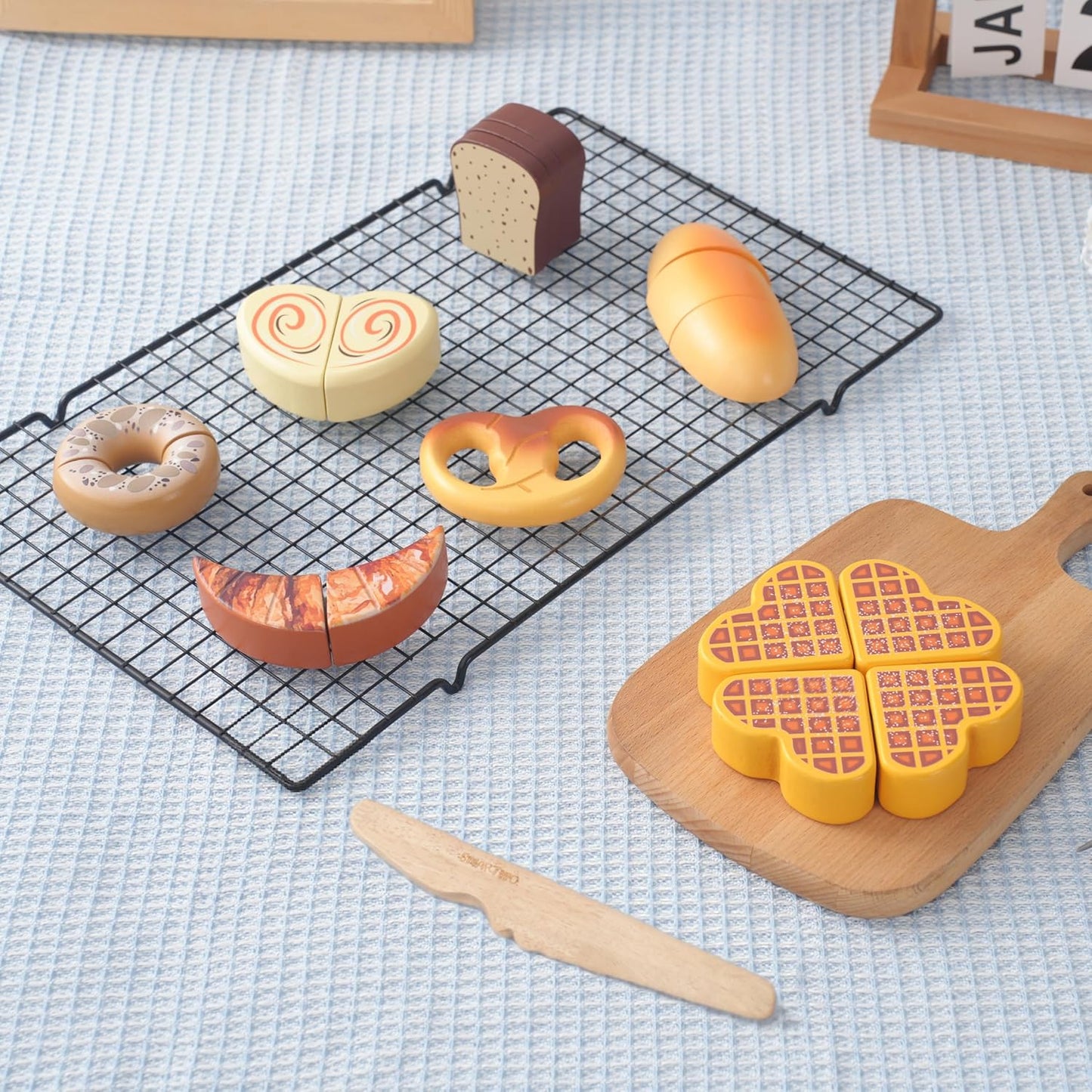 Wooden Play Food Toys for Toddler,Kids Baking Cutting Game Set,Children Kitchen Bakery Pretend Play,Early Educational Toy Gift for Boys Girls