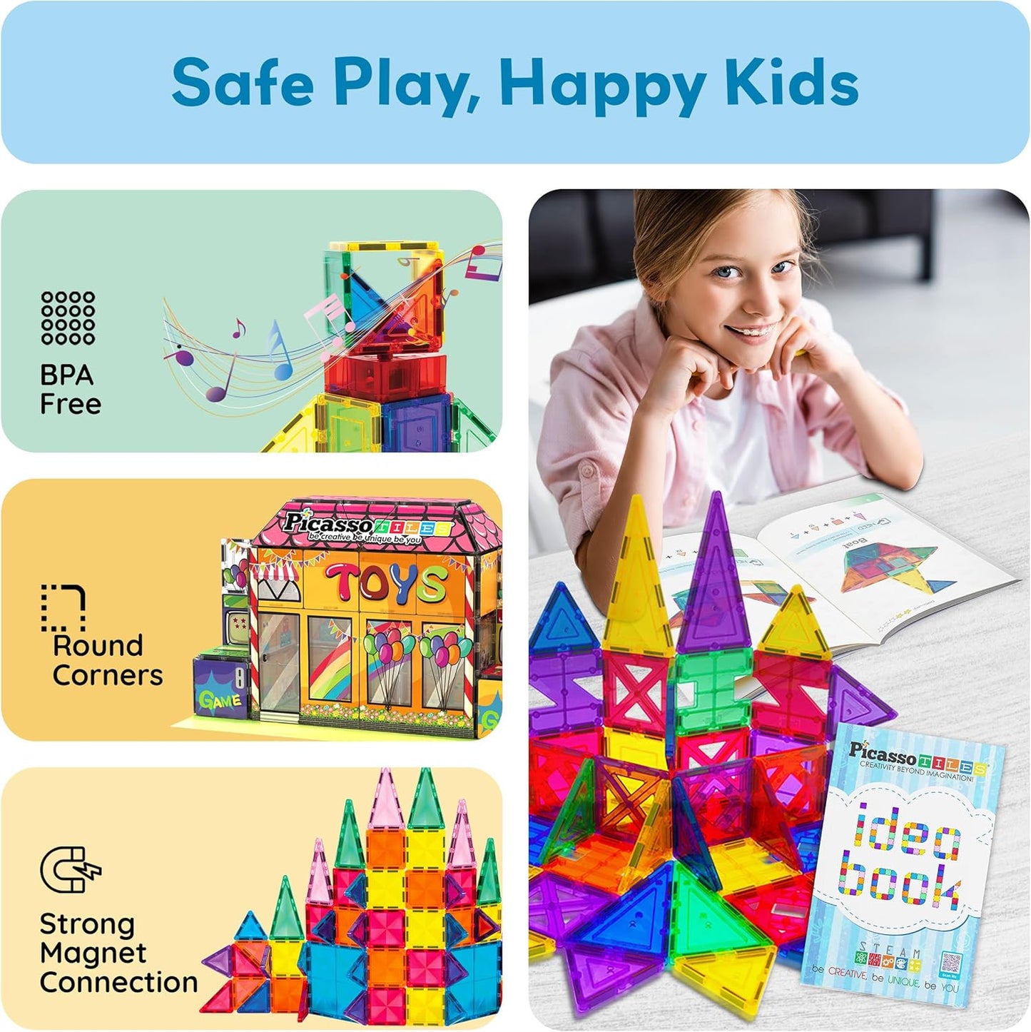 PicassoTiles Magnetic Tile Building Idea Book 230 Pages Illustrated Design Guide with 300 Creative Builds for Kids STEM Learning Creativity and Brain Development Educational Toy Ages 3 Plus PTIDEABOOK