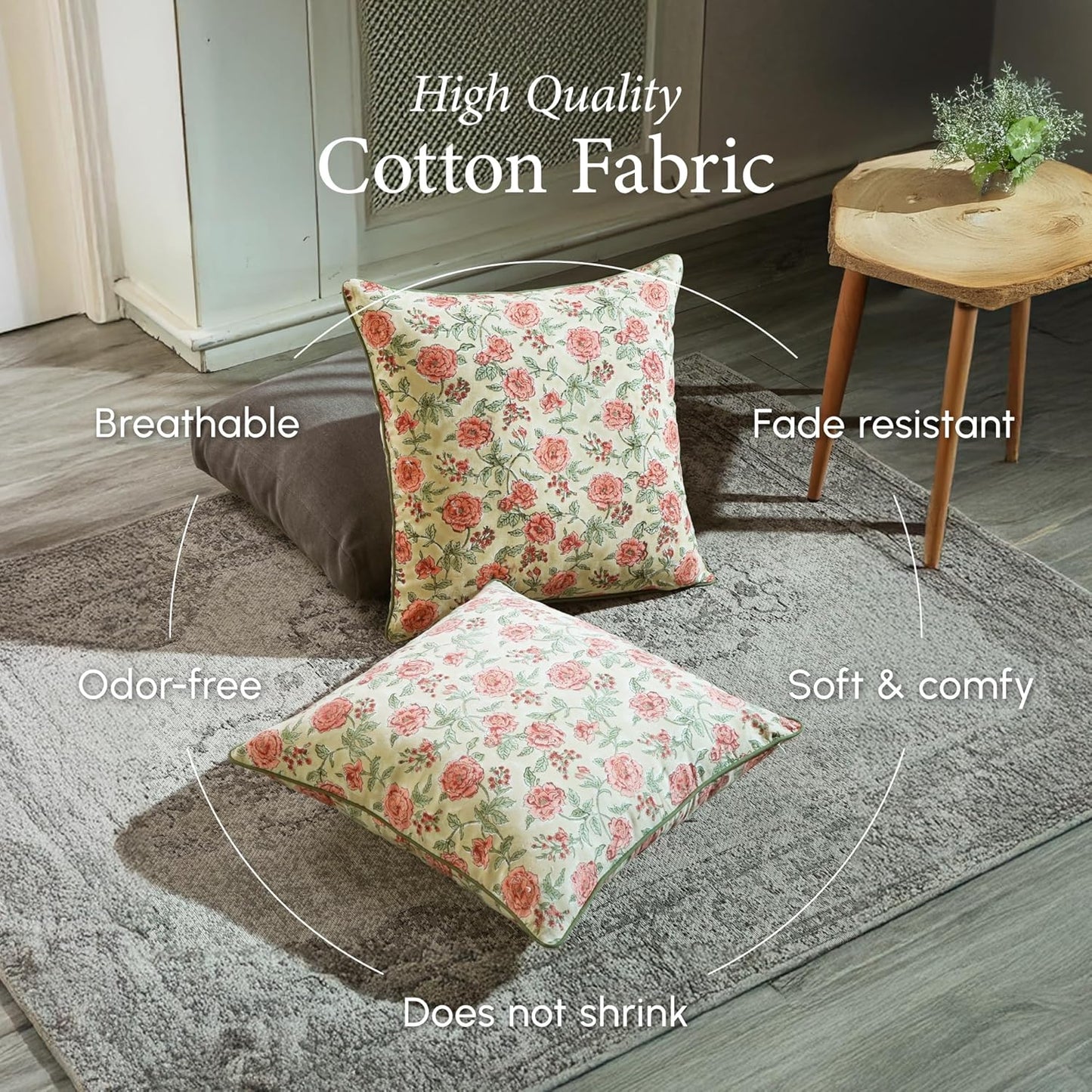 CPC 100% Cotton Throw Pillow Covers 18x18 Inch, Set of 2 Green Block Print Pattern Couch Pillow, Cute Boho Decorative Pillows for Living Room, Bedroom with Hidden Zipper- Agate Green