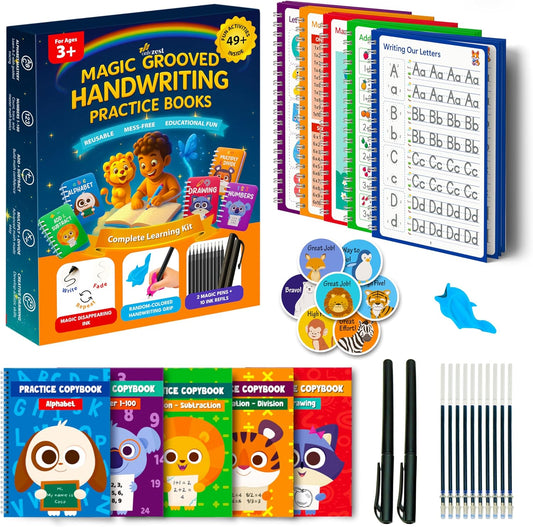 Magic Grooved Writing Practice for Kids with Safety Box – 5 Practice Books Learning Set for Alphabet, Drawing, Math – Erasable Magic Ink – Includes Long-Lasting 2 Magic Pens and 10 Refills