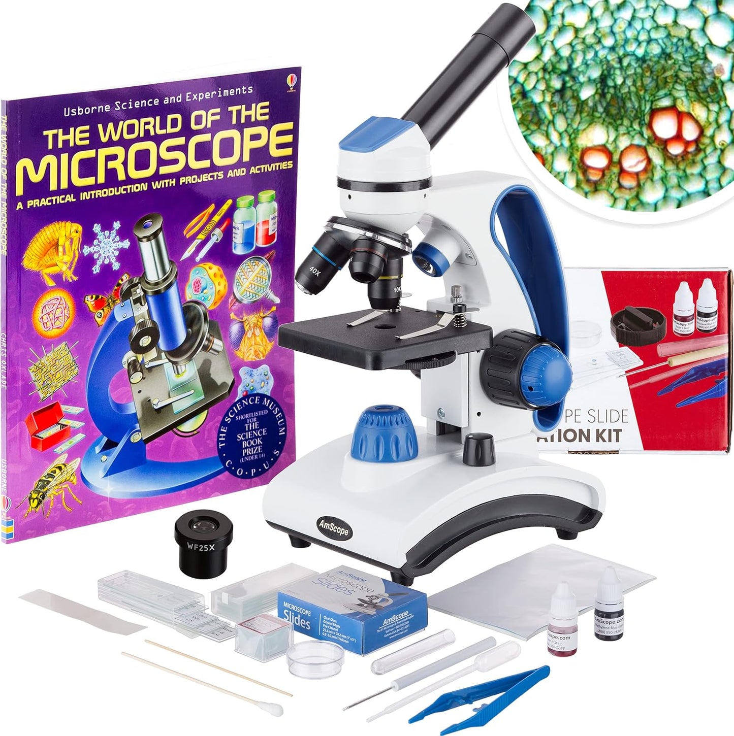 AmScope M162C-2L-PB10-WM"Awarded 2018 Best Students and Kids Microscope Kit" - 40X-1000X Dual Light All Metal Microscope with Slides and Microscope Book, Blue