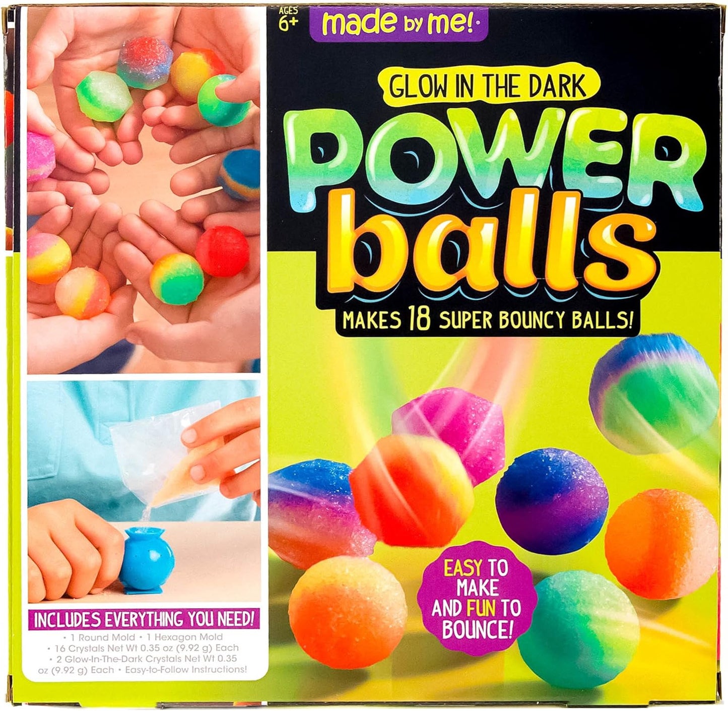 Made By Me Glow The Dark Powerballs by Horizon Group USA, DIY STEM Kit. Make 18 Bouncy Crystal Power Balls, Molds and Instructions Included,Multicolored
