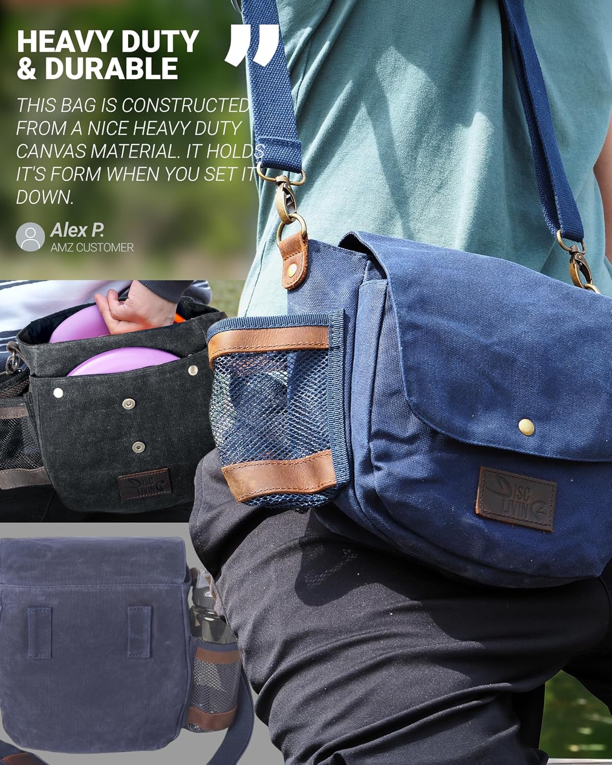 Disc Golf Bag | Frisbee Golf Bag | Easy to Carry | Lightweight Fits Up to 10 Discs | 16 oz Waxed Canvas Sturdy Design | Belt Loop | Double Button Design | Bottle Holder