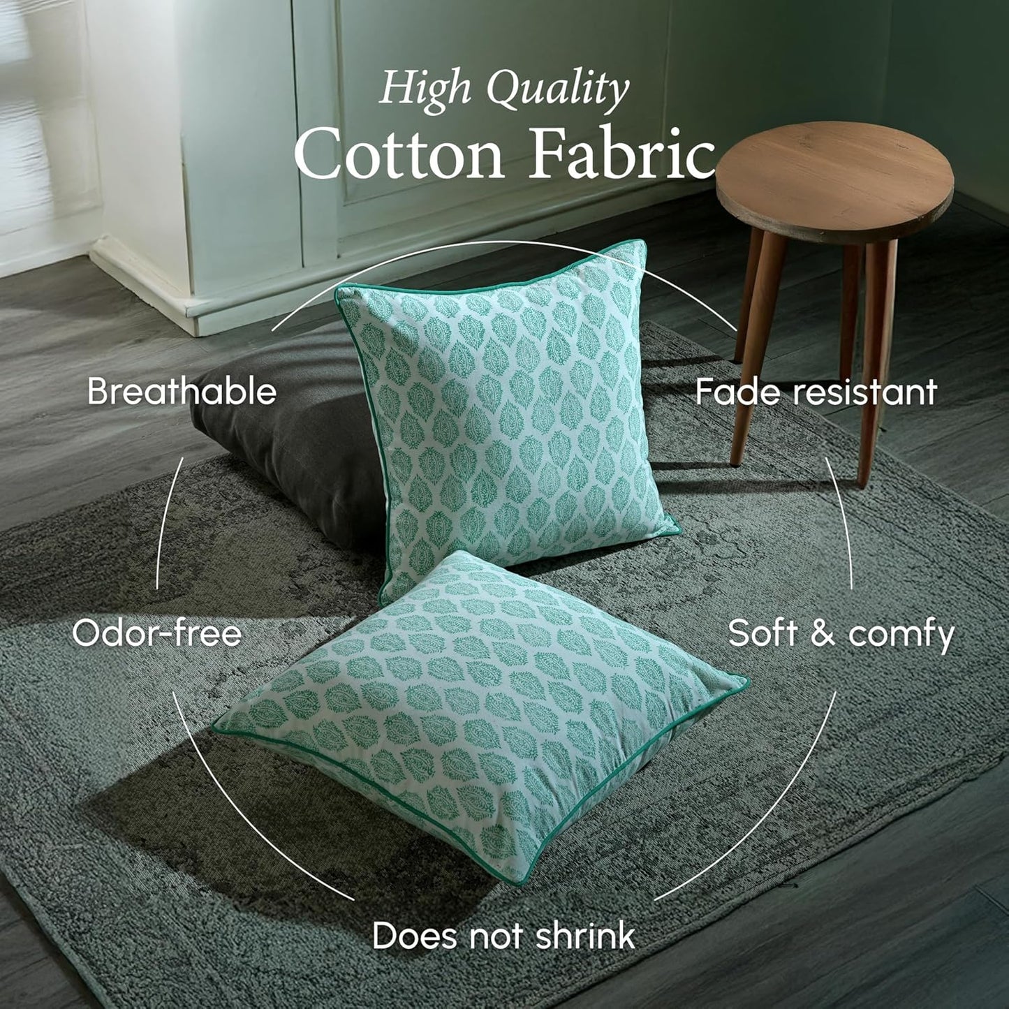 CPC 100% Cotton Throw Pillow Covers 18x18 Inch, Set of 2 Green Block Print Pattern Couch Pillow, Cute Boho Decorative Pillows for Living Room, Bedroom with Hidden Zipper- Agate Green