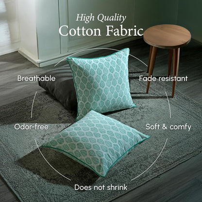 CPC 100% Cotton Throw Pillow Covers 18x18 Inch, Set of 2 Green Block Print Pattern Couch Pillow, Cute Boho Decorative Pillows for Living Room, Bedroom with Hidden Zipper- Agate Green