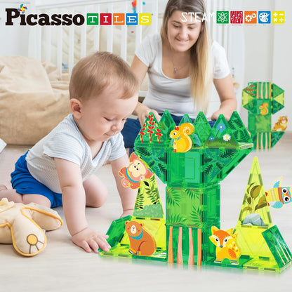 PicassoTiles Magnet Tiles Magnetic Building Blocks Aquarium Marine Animal Theme Set with 8 Character Action Figures Shark Crab Turtle STEM Toys Construction Preschool Toddlers Kids Boys Girls 3+ PTQ15