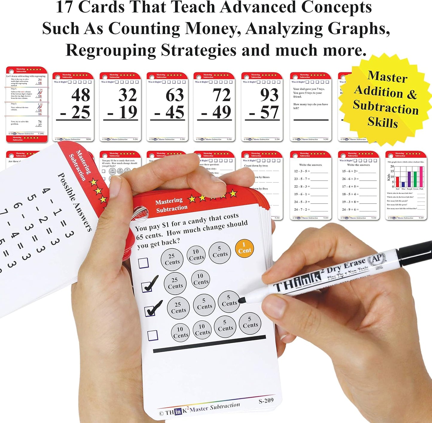Think2Master Addition Flash Cards. Learn to Add & Subtract by Counting, Writing, Understanding & Memorizing. 260 Laminated Cards, 39 Triangle Cards, 2 Dry Erase Markers, 5 Rings & 30 Counters