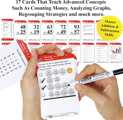 Think2Master Addition Flash Cards. Learn to Add & Subtract by Counting, Writing, Understanding & Memorizing. 260 Laminated Cards, 39 Triangle Cards, 2 Dry Erase Markers, 5 Rings & 30 Counters