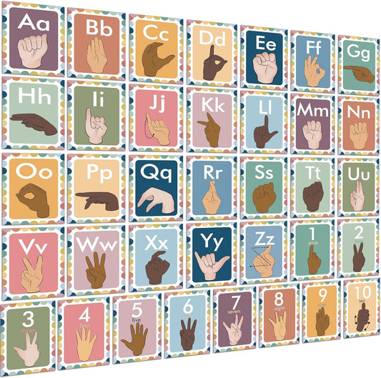 36 Pieces ASL Alphabet Line Bulletin Board Set ABC Number Sign Language Flash Cards Wall Decorations for Pre-School Kindergarten Elementary Classroom Nursery Homeschool (Bright Colors)