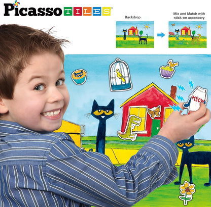 PicassoTiles Magnetic Tiles Pete the Cat Home Theme Building Blocks Double Sided Printing Toddler Magnet Toys Education STEM Learning Kit Construction Brain Development Preschool Kid Game Boy Girl 3+