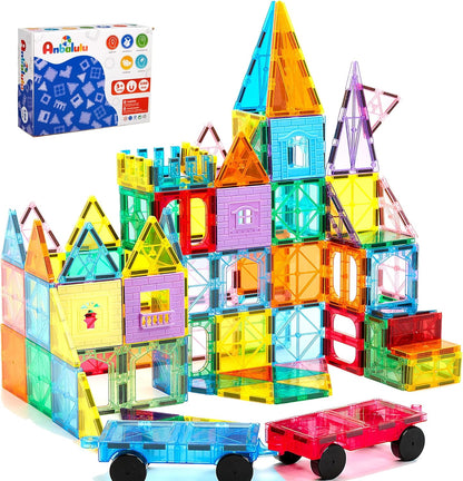 Anbalulu Magnetic Tiles 100PCS with 2 Cars, STEM Educational Building Blocks for Kids Ages 3-9, Magnet Construction Toys Gift for Toddlers