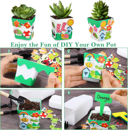 Elcoho 36 Set Garden Plastic Pot Craft Kit Plant Spring Craft Kits for Kids Flower Pots with 150 Foam Stickers 36 Labels 24 Certificate of Awards 3 Tools Planting Growing Kit for Kids, Mixed Colors
