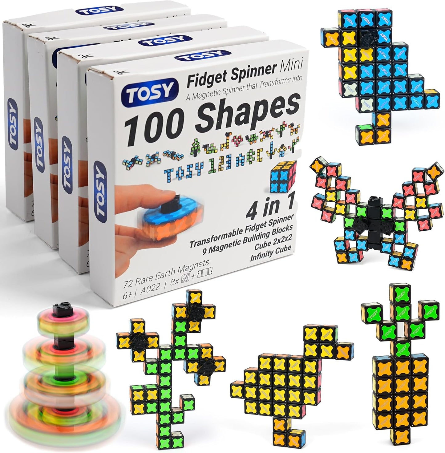 TOSY Magnet Fidget Spinner Mini - 8 Blocks, 3 in 1 Toy: Transformable Fidget Spinner, Infinity Cube, 2x2 Puzzle Cube, Easter Basket Stuffers for Kids/Adults, STEM Sensory Stress Relief Toy
