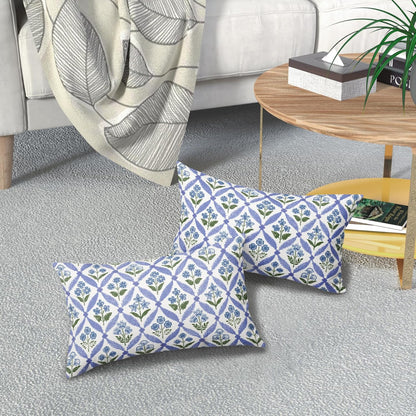 Blue Green Floral Block Print Pillow Covers 12X20 Set of 2, Flower Pattern Spring Summer Print Decorative Throw Pillow Covers Outdoor Farmhouse Seasonal Cushion Case Couch Sofa Bed Decor