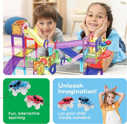 PicassoTiles 121pc Magnetic Tile Race Track Marble Run Magnet Tiles 3-in-1 Playset Car Racing Construction Set STEM Learning Early Education Building Toy Cars for School Toddlers Boys Girls Ages 3+