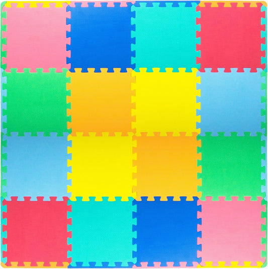 ProSource Foam Puzzle Floor Play Mat for Kids and Babies with Solid Colors, 36 or 16 Interlocking Tiles with Borders, Assorted