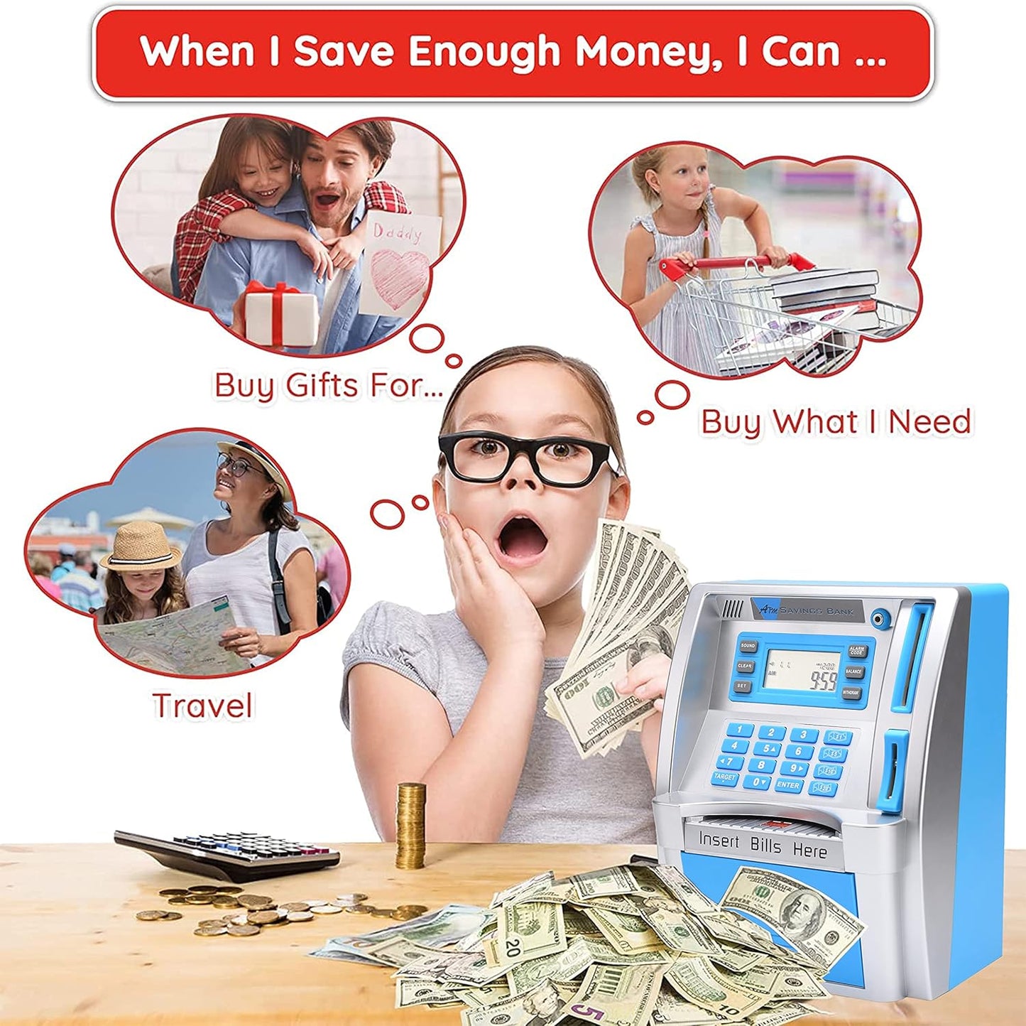 BKstar ATM Piggy Bank for Kids - Talking Electronic Money Bank with Debit Cards & Digital Coin Counter for Real Money, Boys Girls