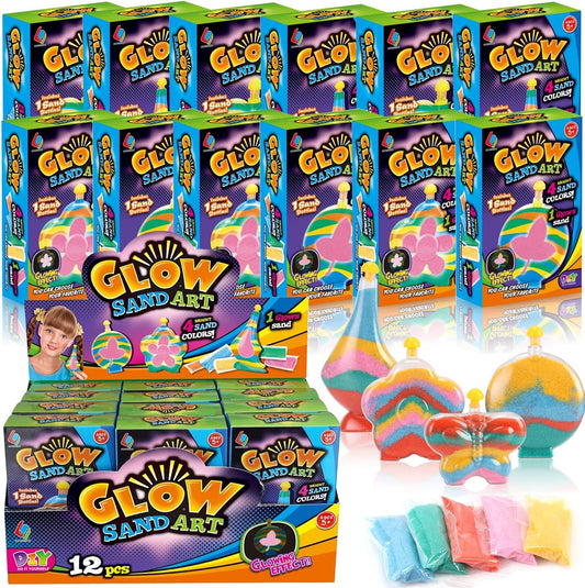 Create Your Own Magic Sand Art Glitter Activity | Glow in the Dark Colored Custom Sand Kits for Kids - Includes 12 Bottles, Funnels, Sticks, 60 Bags of Colorful Sand | DIY Arts and Crafts (12 Pack)