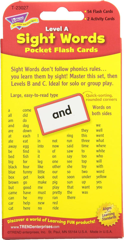 Trend Enterprises: Sight Words Level A Pocket Flash Cards, Great for Skill Building and Test Prep, 56 Two-Sided Cards Included, 108 Commonly-Used Words, for Ages 4 and Up