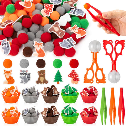 EZdhuawuse Summer Sensory Bin Fillers - 268P Fine Motor Toy Counting Sorting Set for Kid Birthday Easter Gift, Felt Phrases Heart Colorful Pom Poms Cup Clip for Preschool Education Activities