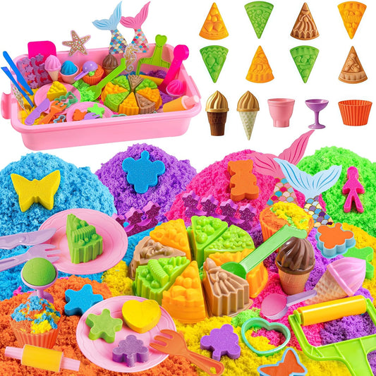 Cake & Ice Cream Sensory Bin Toy, Play Sand Box Toys with 2.65lbs Colored Sand, 21 Molds, 7 Tools, 7 Decorative Plug-in and 6 Tableware, Pretend Play Sandbox Art Kits, Beach Toys for Kids Ages 3-8