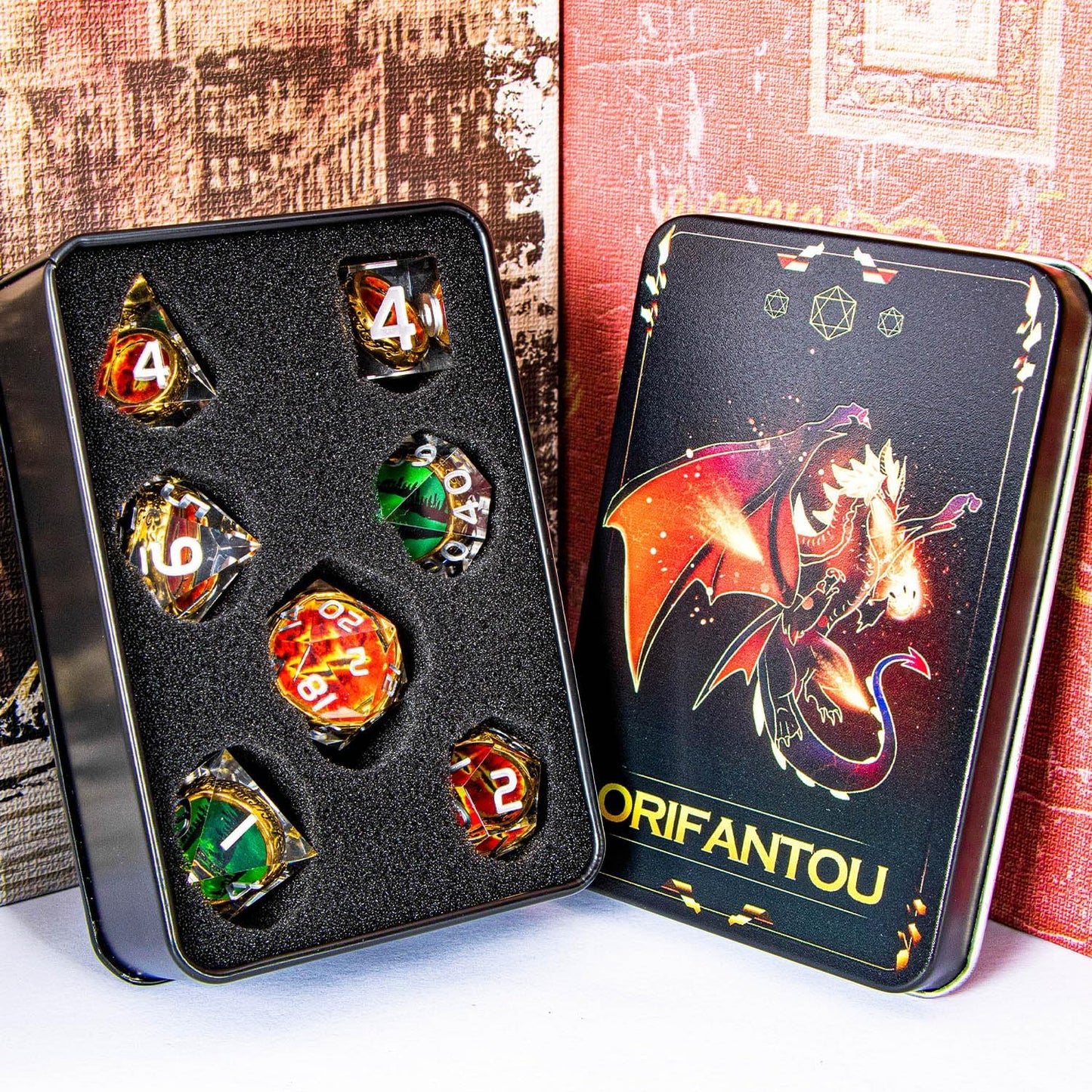 Magic Golden Ring DND Dice Set Sharp Edge Red Resin Dice with Box, for use with Dungeons Dragon RPG D&D Tabletop Games Lord D and D Polyhedral Dice Set