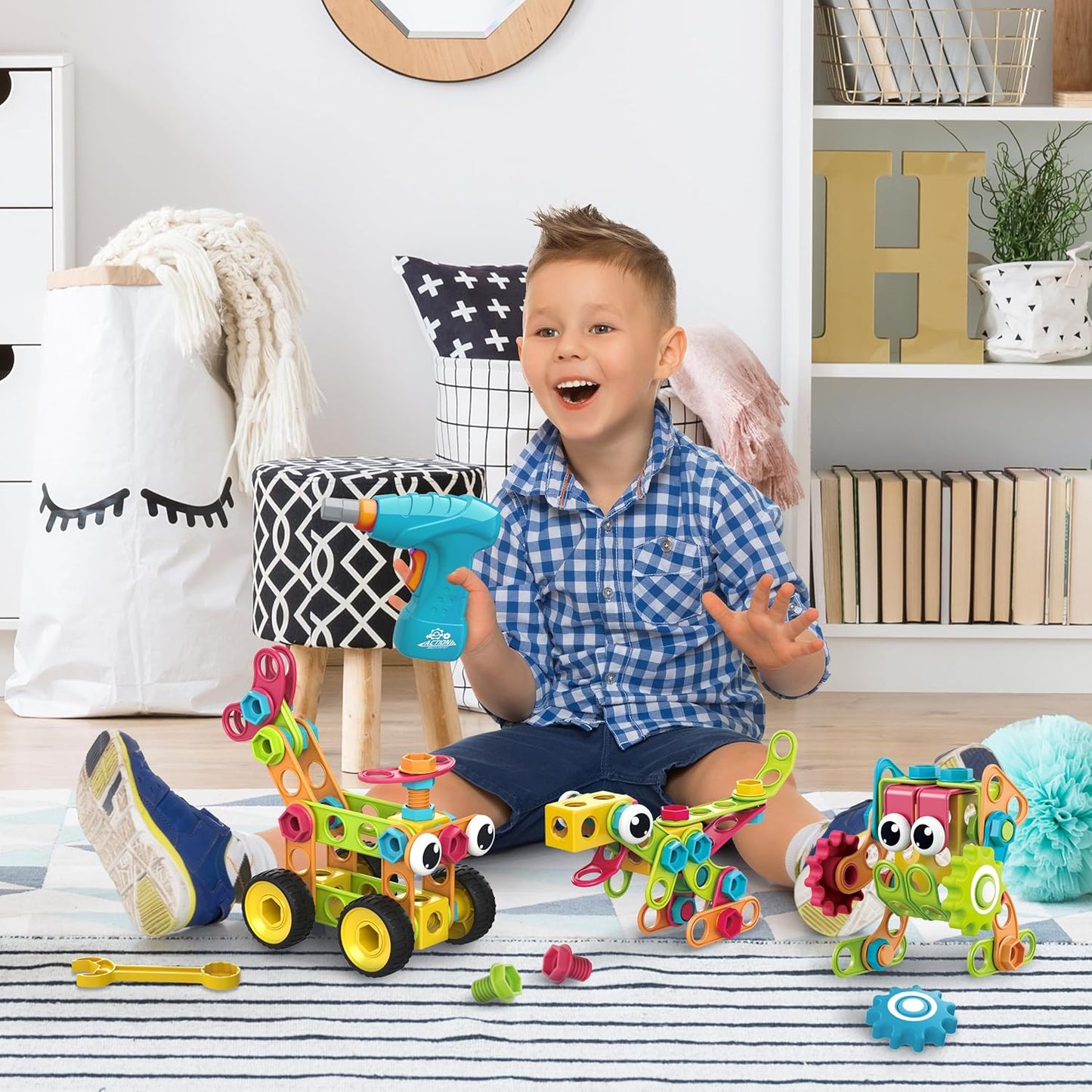 PicassoTiles 152pc STEM Construction Toy Building Set for Kids Ages 3+ Includes Power Drill, Ratchet, Idea Book, Storage Box Educational Engineering Science Kit & Sensory Toys for Boys & Girls PTN152