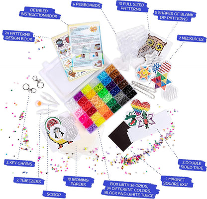 CraftyCreations 10,500pcs Fuse Beads Craft Kit - Perler Beads Compatible Kit, 34 Colors, 6 Pegboards, 34+ Patterns, Tweezers, Plus Tools, Keychains, Accessories & More with Free Carrying Case