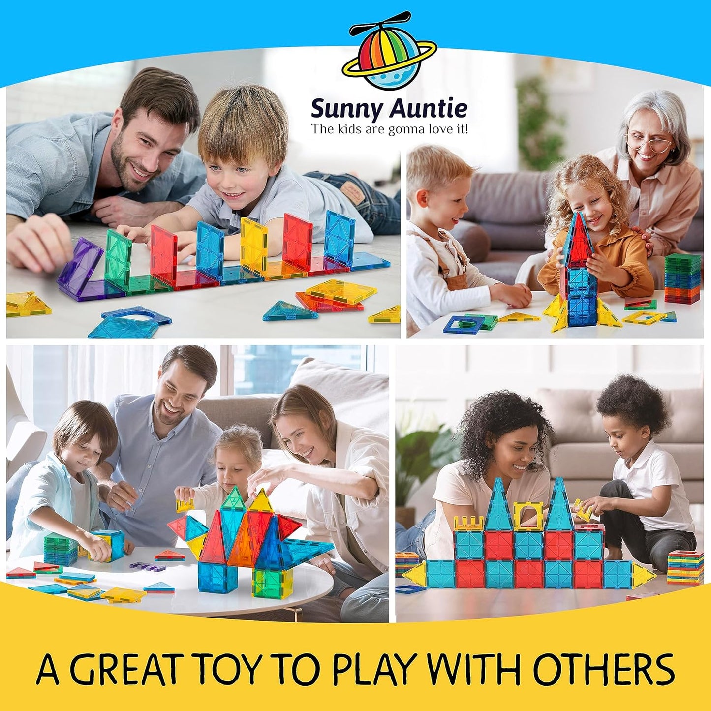 SUNNY AUNTIE Magnetic Tiles 56 PCS Building Set – Magnetic Building Tiles STEM Toy for Kids & Toddlers Ages 3-8, Magnet Construction Set for Boys & Girls