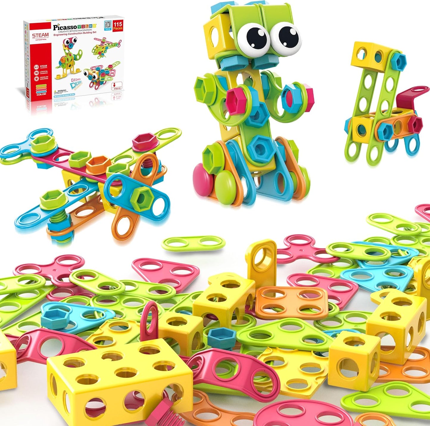PicassoTiles 152pc STEM Construction Toy Building Set for Kids Ages 3+ Includes Power Drill, Ratchet, Idea Book, Storage Box Educational Engineering Science Kit & Sensory Toys for Boys & Girls PTN152