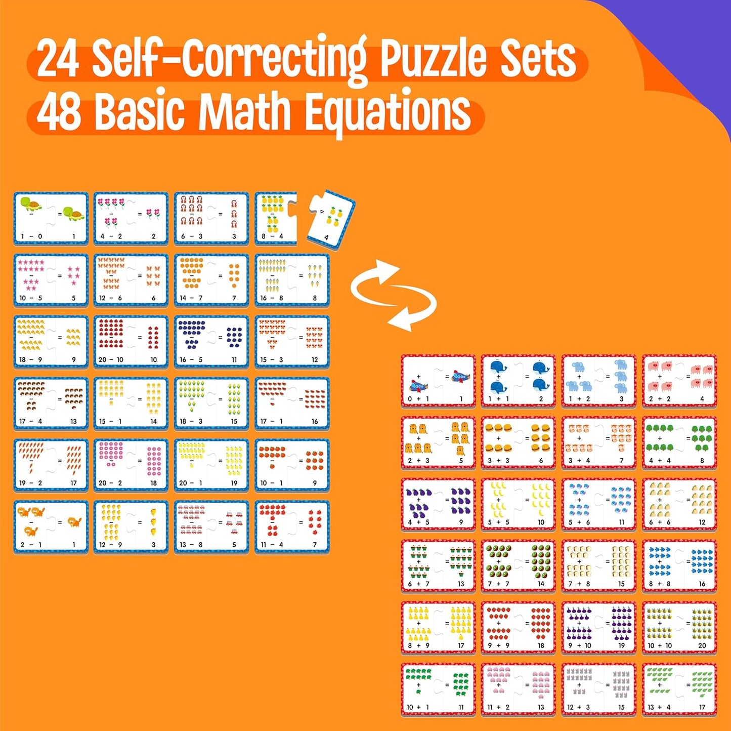 24 Set Addition & Subtraction Puzzles, Self-Correcting Matching Adding and Subtracting Puzzles, Educational Math Games Calculation Activities, Math Learning Toys for Preschool Kids