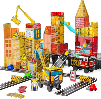 SKTMYY Magnetic Tiles Construction Toys with Road & Crane & Marble Run, Double-Sided Fire Station & Building Magnet Tiles for Kids Ages 4-8, STEM Magnetic Blocks Gifts for 3 4 5 6 7 8 Year Old Boys