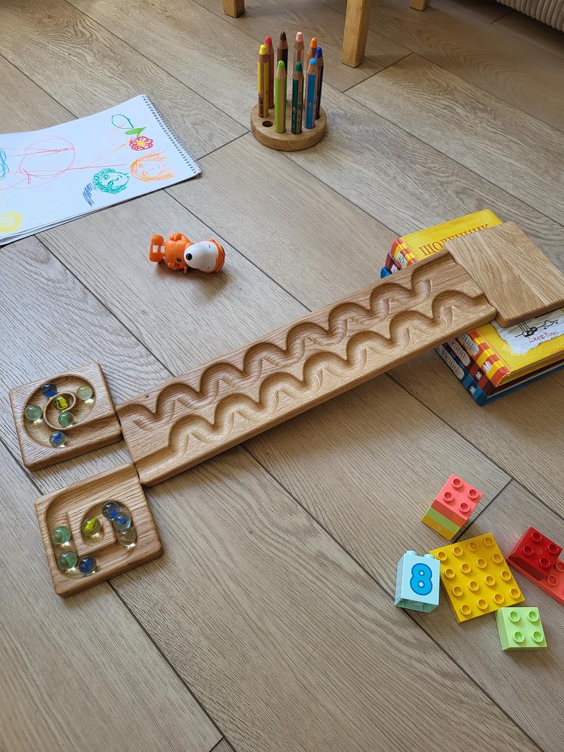 Wooden Marble Run Track “Wind” Race Machine Set Wooden Maze Board Ball Run Montessori Gift for Kids Wave Course Winding Track Toy