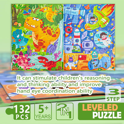 D-KINGCHY Magnetic Puzzles for Kids Ages 5+, 2-in-1 Puzzle Book 60 72 Pieces, Travel Jigsaw Puzzles, Road Trips Toys for 5 6 7 8 Boys Girls Birthday Gift (Dinosaur and Space)