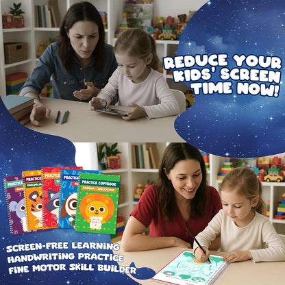 Magic Grooved Writing Practice for Kids with Safety Box – 5 Practice Books Learning Set for Alphabet, Drawing, Math – Erasable Magic Ink – Includes Long-Lasting 2 Magic Pens and 10 Refills