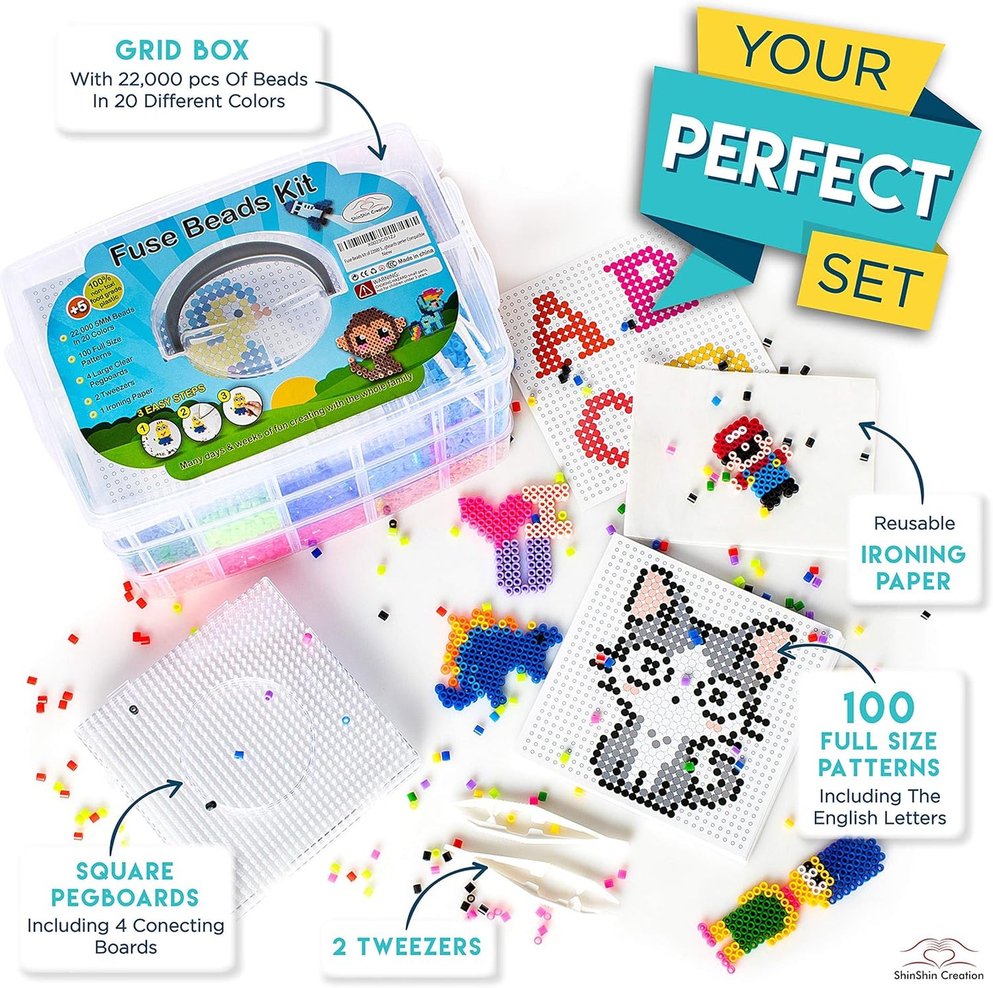 XXL Fuse Beads kit, Melty Melting Beads for Kids Crafts | Iron for Kids kit - Fuse pegboards. Compatible Bulk beados Storage - 22000pcs 5mm