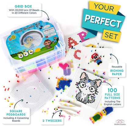 XXL Fuse Beads kit, Melty Melting Beads for Kids Crafts | Iron for Kids kit - Fuse pegboards. Compatible Bulk beados Storage - 22000pcs 5mm