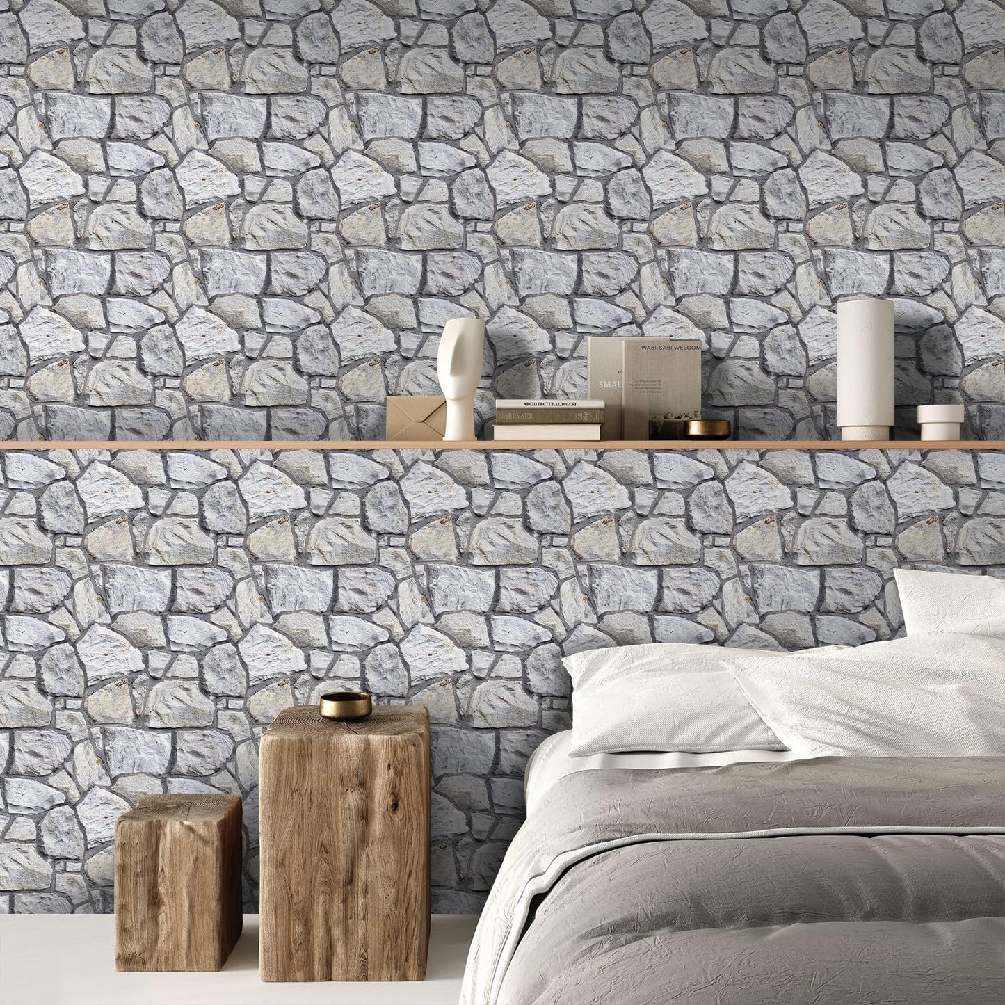 COMSTICKC 3D Faux Gray Stone Wall Sticker Peel and Stick Wall Panels,10 Pcs of 12"X12",Ultra-Light Thin PVC Decorative Tiles Rocks Stone Backsplash Interior Decor,Paintable