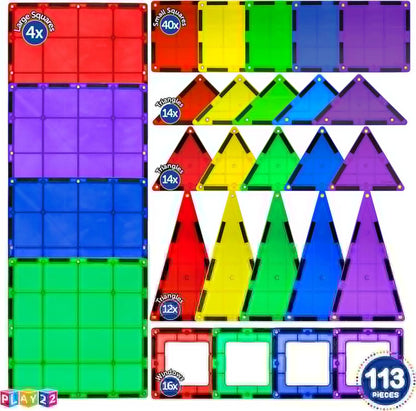 Magnetic Tiles Building Blocks - 113pcs Advanced Set - STEM Toys for 3+ Year Old Boys and Girls -Strongest Magnets - Includes 13 Piece Insert Alphabet Cards - Learning by Playing