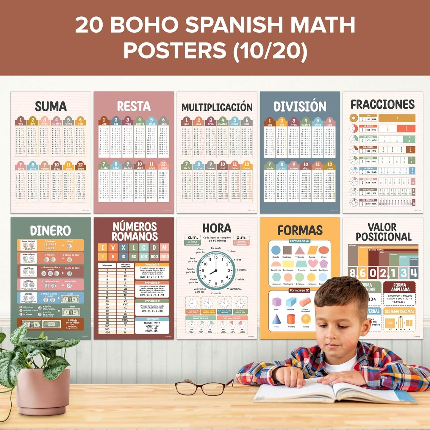 Decorably 20 Boho Spanish Math Posters for Classroom, 11x17in Educational, Matte-Laminated Classroom Decor - for Hallways, Bulletin Boards, Home Study Room