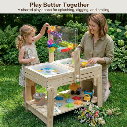 Water Table for Toddlers, Adjustable Height Wooden Sand and Water Table with 2 Collapsible Bins, Acrylic Activity Board, Water Track Toys & 16-Piece Play Set, Indoor Outdoor, Ages 3+