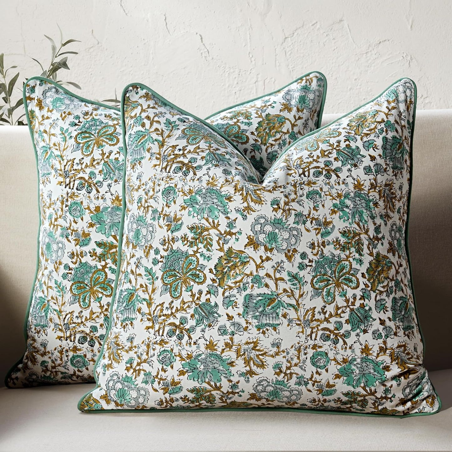 CPC 100% Cotton Throw Pillow Covers 18x18 Inch, Set of 2 Green Block Print Pattern Couch Pillow, Cute Boho Decorative Pillows for Living Room, Bedroom with Hidden Zipper- Agate Green