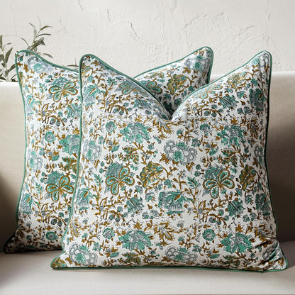 CPC 100% Cotton Throw Pillow Covers 18x18 Inch, Set of 2 Green Block Print Pattern Couch Pillow, Cute Boho Decorative Pillows for Living Room, Bedroom with Hidden Zipper- Agate Green
