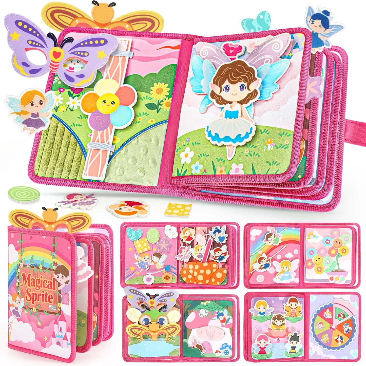 22 in 1 Busy Book for Toddlers 1-3, Sprite Montessori Toys for 1 Year Old with Fishing Game, Soft Sensory Toddler Busy Board, Airplane Travel Toys, Birthday Easter Gifts for 1 2 Year Old Girl