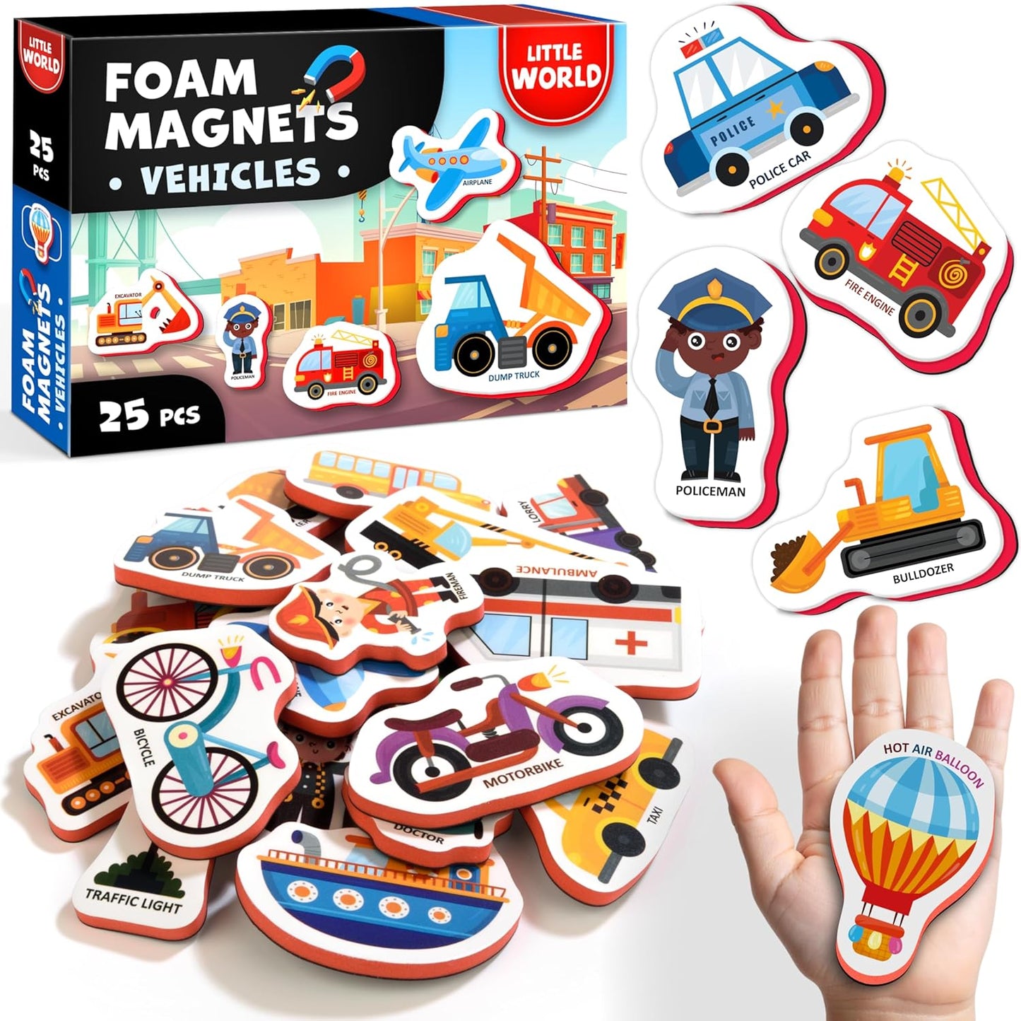 Little World Large Set of Safe and Durable Fridge Magnets for Toddlers 1-3 | Foam Refrigerator Magnets for Kids with Gift Box | Waterproof, Non-Toxic Cars & Vehicles Magnets for Children and Babies 1+
