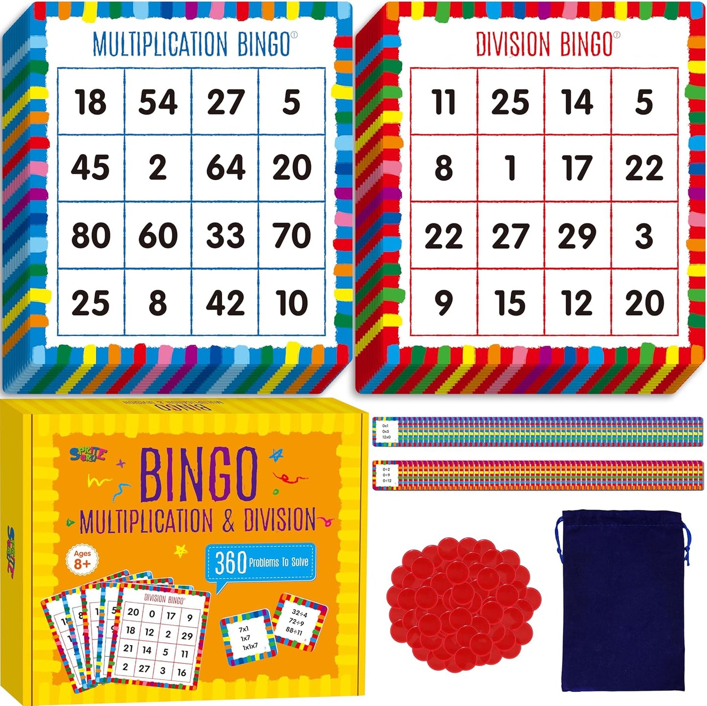 SpriteGru Multiplication & Division Bingo Game, 480 Math Problems, 2 Educational Math Board Game for Kindergarten and Preschool Kids 4-8, Perfect for Classroom & At Home (Up to 25 Players)