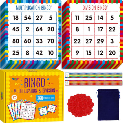 SpriteGru Multiplication & Division Bingo Game, 480 Math Problems, 2 Educational Math Board Game for Kindergarten and Preschool Kids 4-8, Perfect for Classroom & At Home (Up to 25 Players)