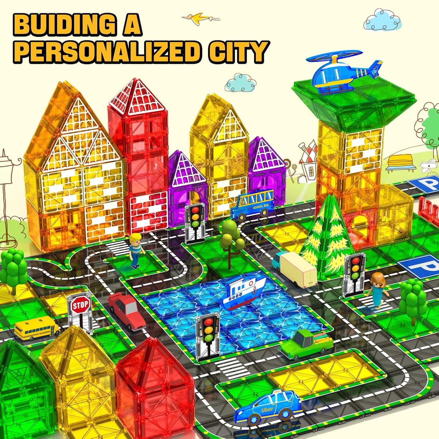KAEILORU Magnetic Tiles Road Set with Car Magnet Building Tile Toys for Kids Ages 3-5 4-8 5-7 Magnetic Blocks Expansion Pack STEM Construction Valentines Toys Boy Girl Toddler Birthday Gift 42pcs