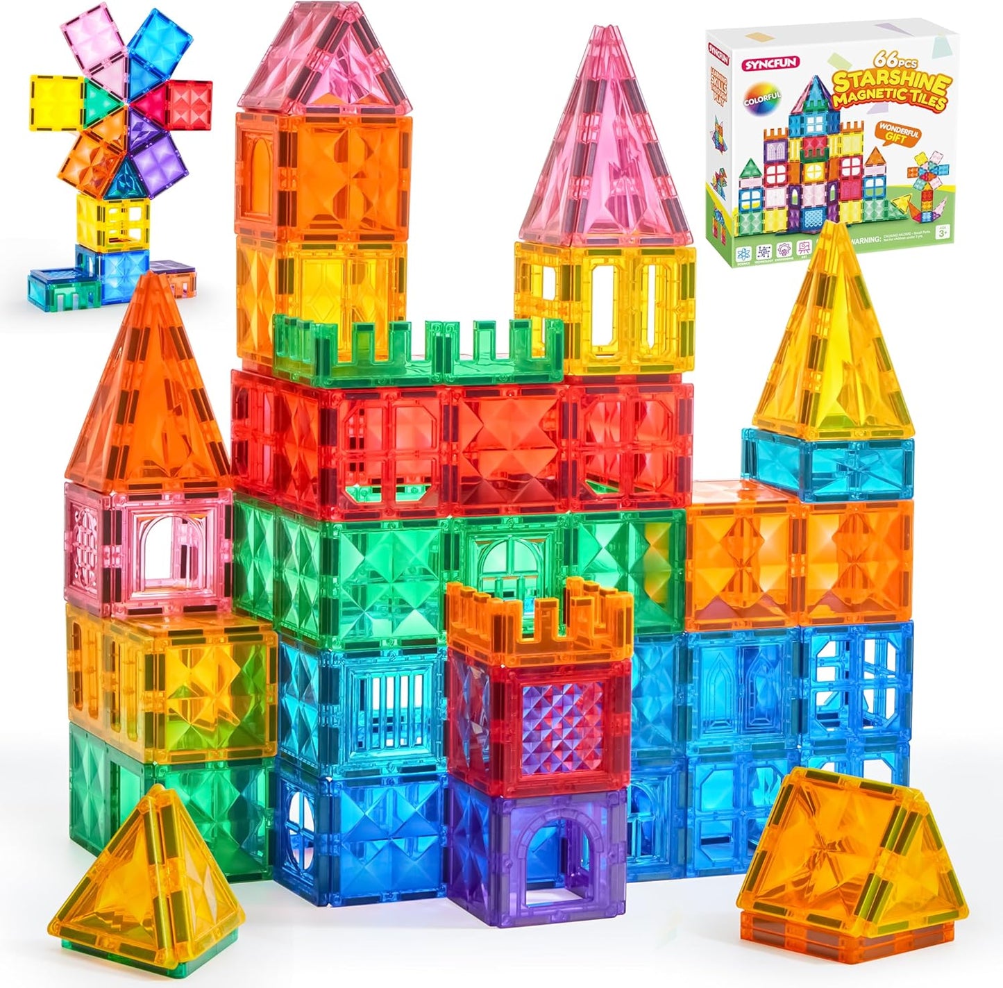 SYNCFUN 110PCS Magnetic Building Tiles - 3D Magnet Tiles with Vehicle - Construction Blocks Set for Kids - STEM Sensory Learning Educational Toys Birthday Gift for 3 4 5 6 7 Year Old
