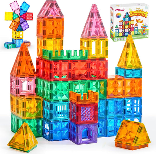 SYNCFUN 110PCS Magnetic Building Tiles - 3D Magnet Tiles with Vehicle - Construction Blocks Set for Kids - STEM Sensory Learning Educational Toys Birthday Gift for 3 4 5 6 7 Year Old